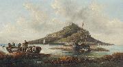William Tomkins Coastal scene with islet and fishing folk oil painting on canvas